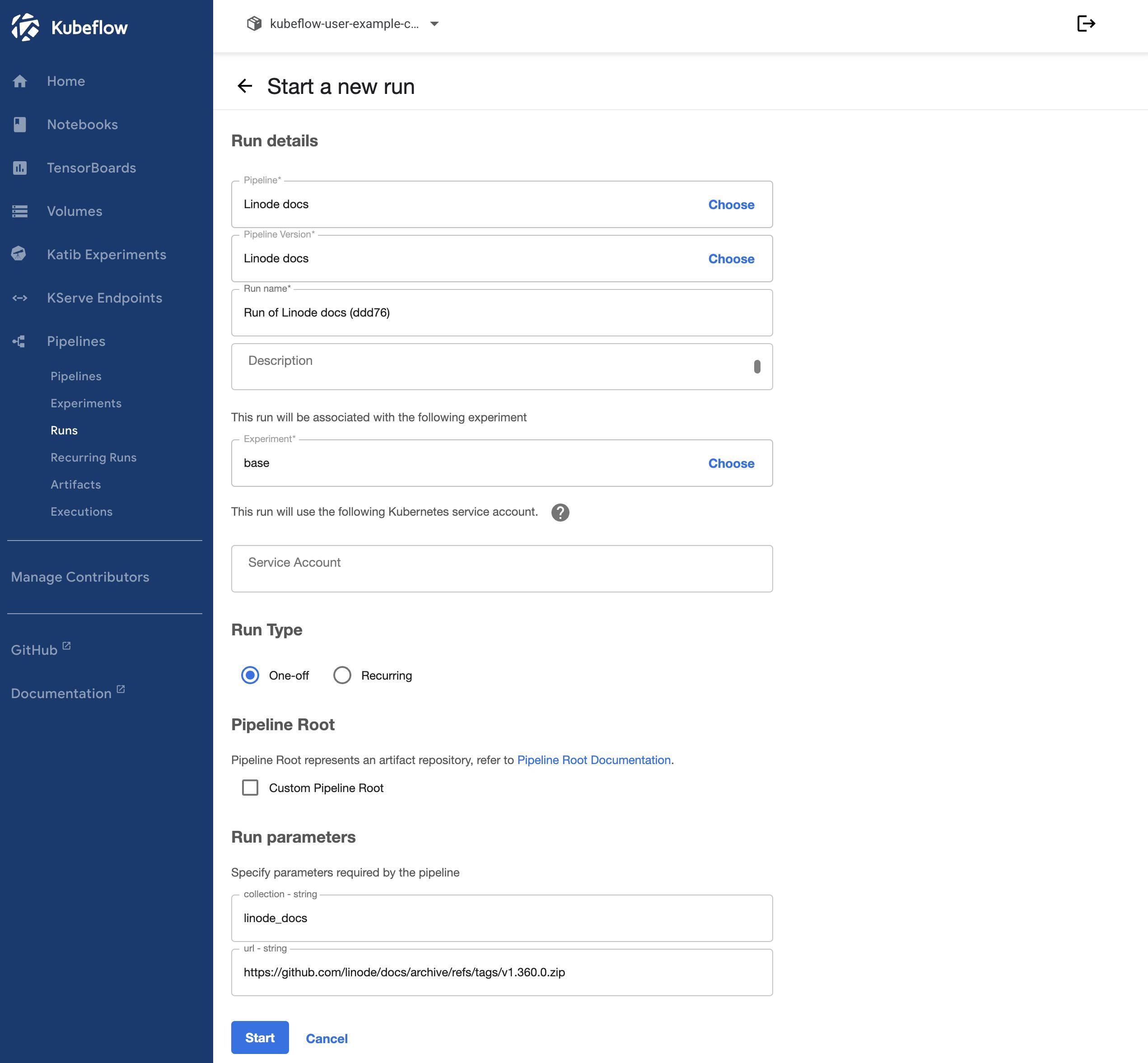 Screenshot of the Start a new run page within Kubeflow Screenshot of the Start a new run page within Kubeflow