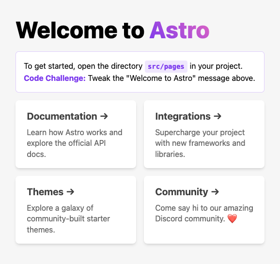 The welcome page for a new Astro project The welcome page for a new Astro project