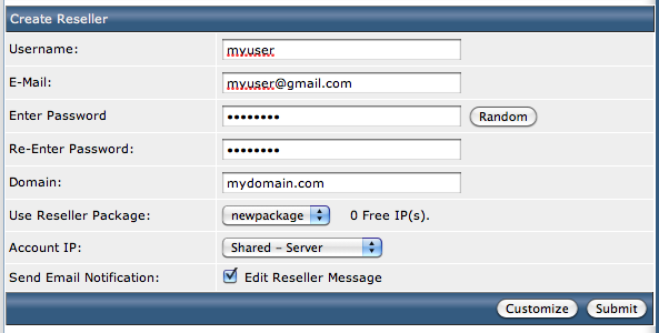 DirectAdmin Create Reseller screen. DirectAdmin Create Reseller screen.