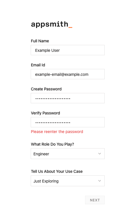 Appsmith page for creating initial login credentials for the instance Appsmith page for creating initial login credentials for the instance