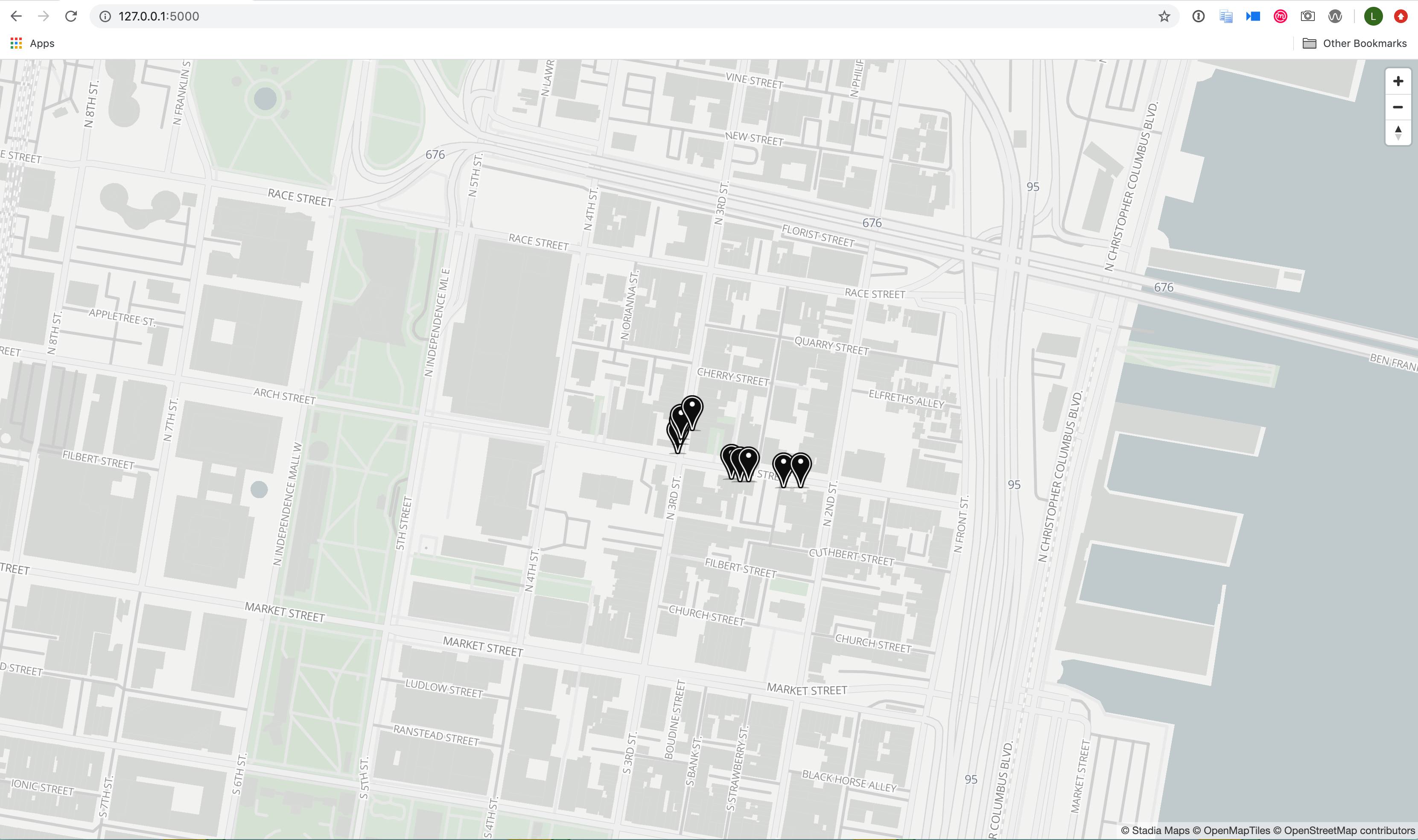 Stadia Maps Flask App rendered map. Linode Trees