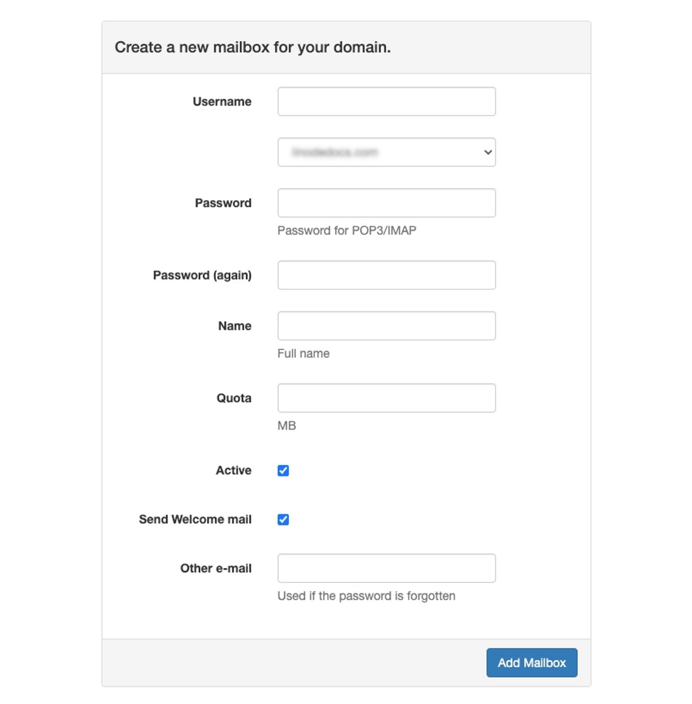 The PostFixAdmin new mailbox creation page. The PostFixAdmin new mailbox creation page.
