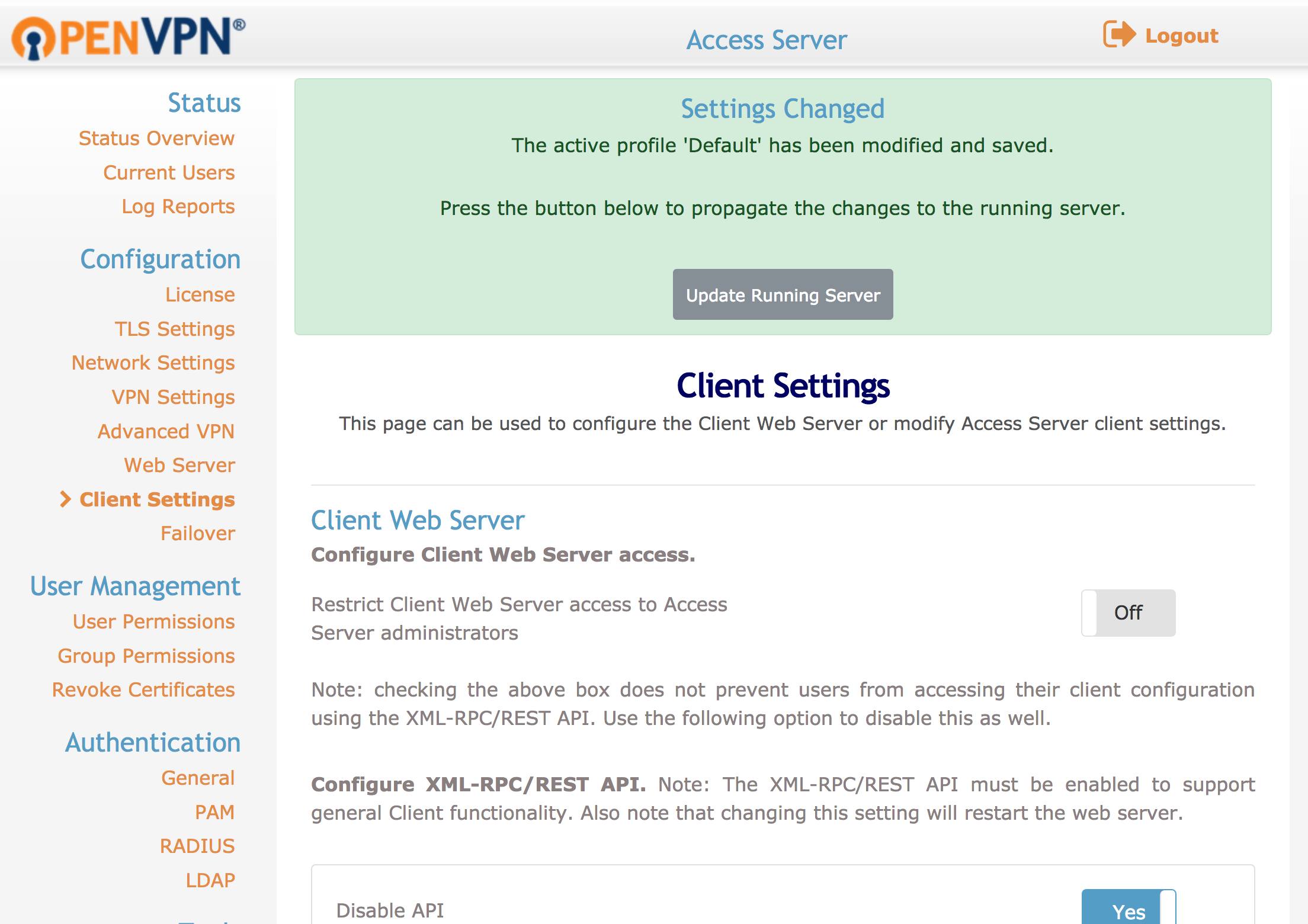OpenVPN Access Settings Changed. OpenVPN Access Settings Changed.