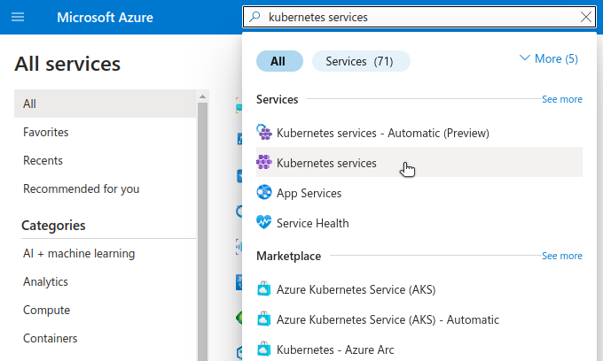Azure portal interface highlighting the Kubernetes services navigation option. Azure portal interface highlighting the Kubernetes services navigation option.