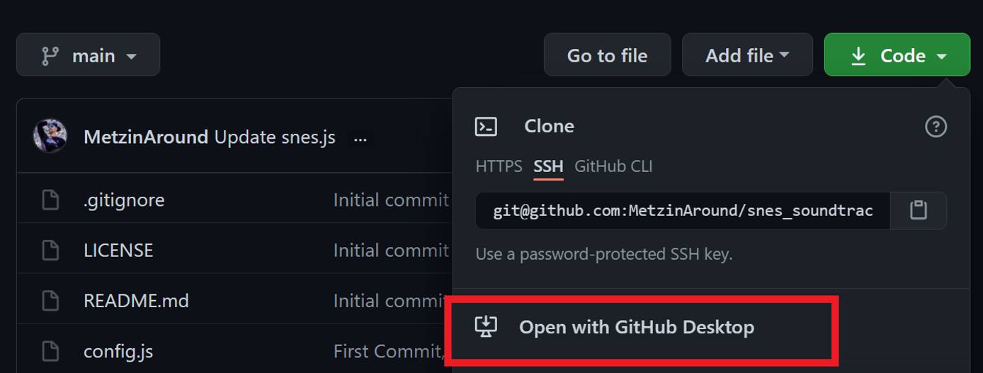 Github.com repository showing the green Code button clicked with Open in Github Desktop option highlighted Github.com repository showing the green Code button clicked with Open in Github Desktop option highlighted