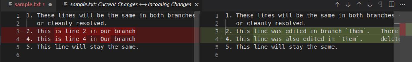 An example Git merge conflict with a side-by-side diff view in the VS Code text editor. An example Git merge conflict with a side-by-side diff view in the VS Code text editor.