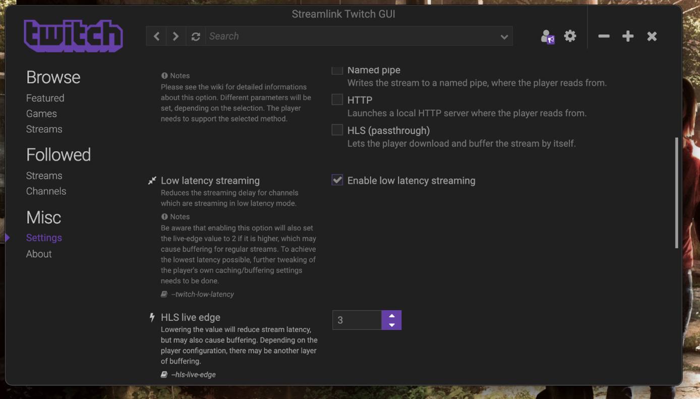 Access your Streamlink Twitch settings and enable low latency streaming. Access your Streamlink Twitch settings and enable low latency streaming.