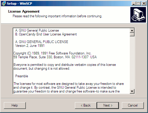 WinSCP setup wizard license agreement screen. WinSCP setup wizard license agreement screen.