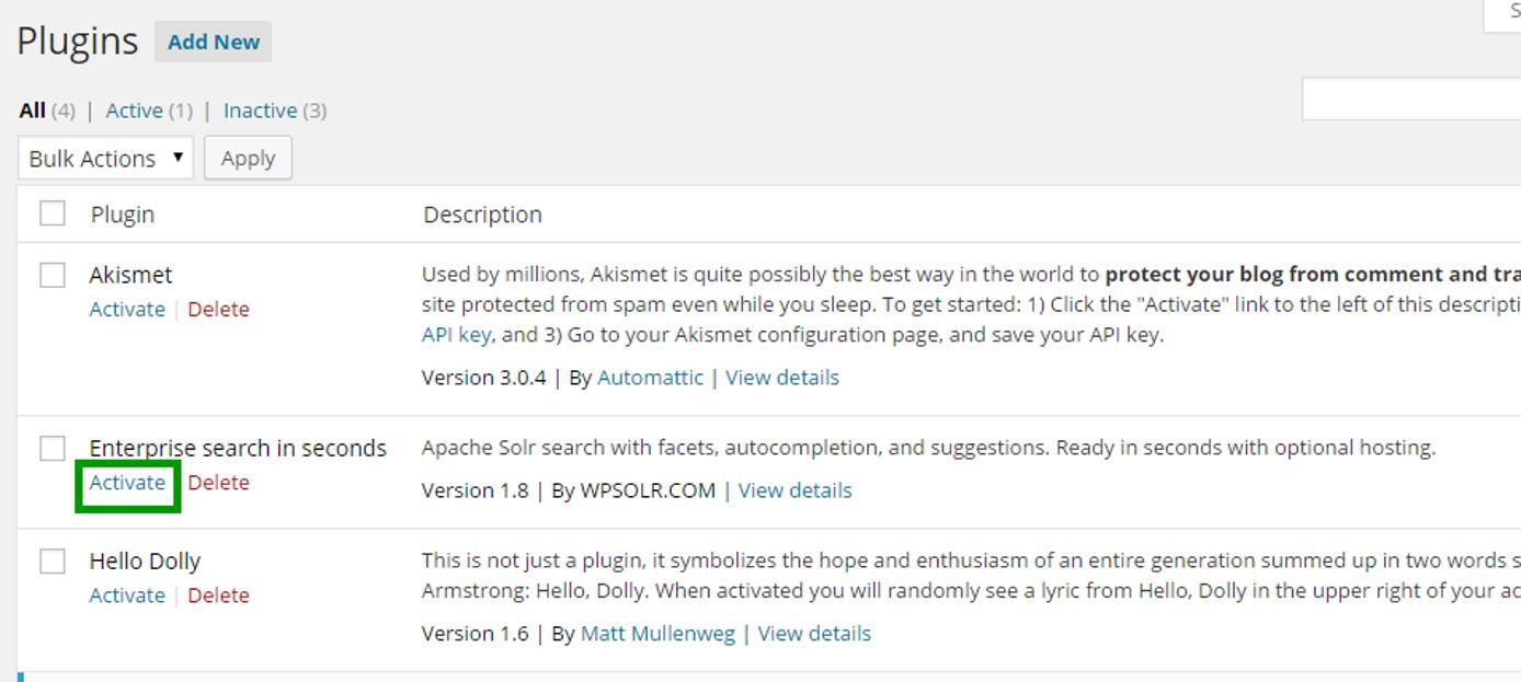 Activate WPSolr plugin Activate WPSolr plugin