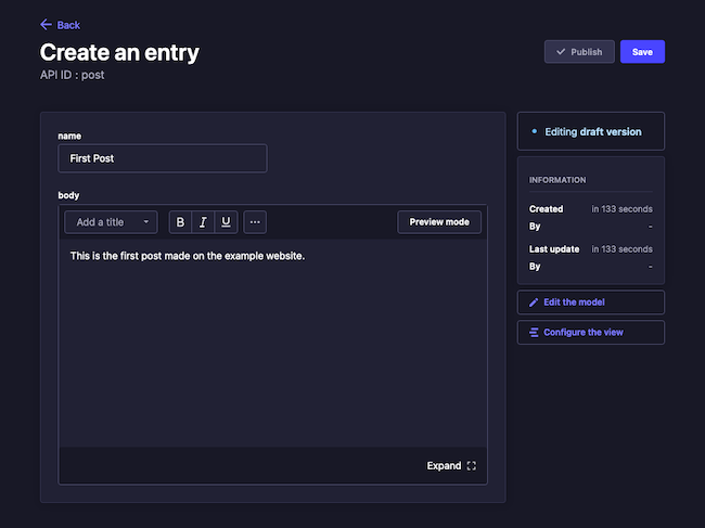 Adding a new Post entry to Strapi Adding a new Post entry to Strapi